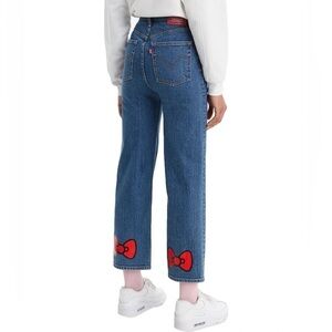 28 Levi's X Hello Kitty Ribcage Straight Blue Jeans with Denim Red Bow Accents